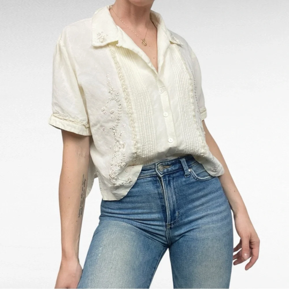 Positive Attitude | Oatmeal Embroidered Linen Blend Cropped Y2K Retro Shirt - Picture 2 of 8